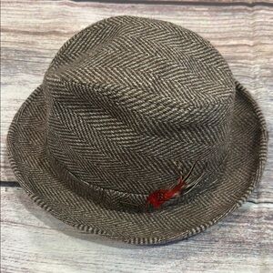 Mens London Fog Brown Herringbone Fedora with Feather Accent Sz 7.5